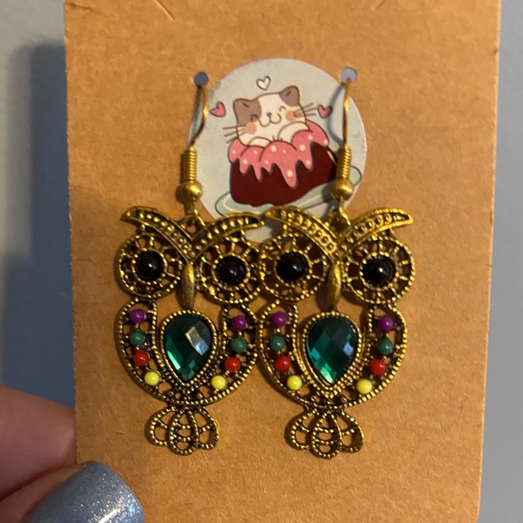 Colorful Owl Earrings with Teal Accents - Picture 2 of 3